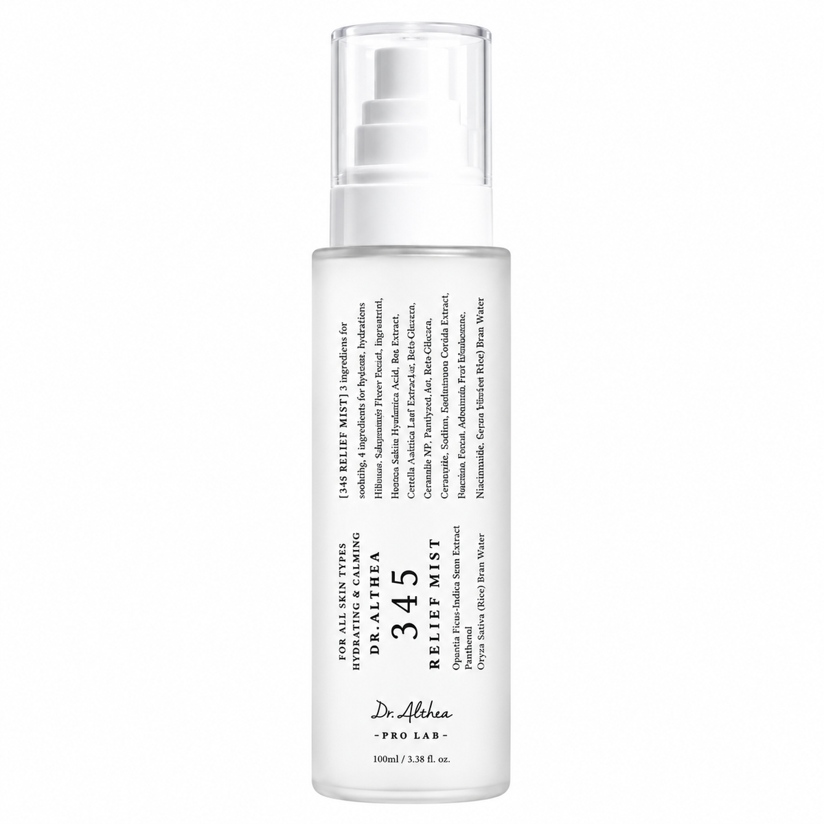 Dr. Althea 345 Relief Mist 100 ml – korejski hidratantni i umirujući sprej za lice u bijeloj bočici na čistoj bijeloj pozadini