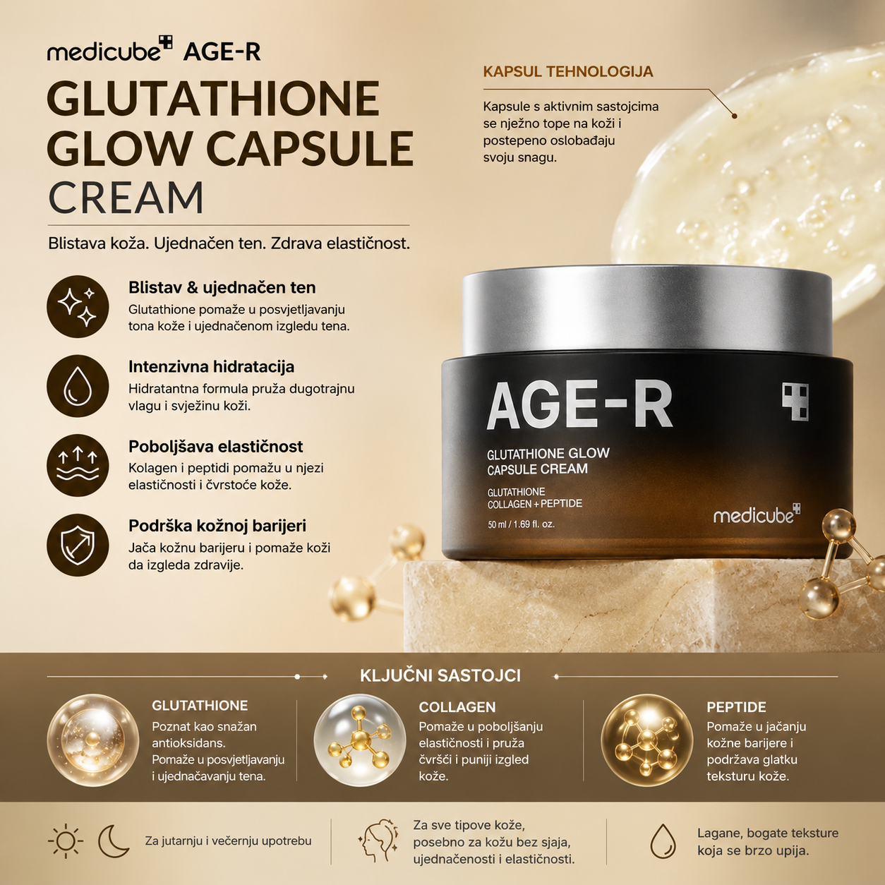 Medicube AGE-R Glutathione Glow Capsule Cream za blistavost, hidrataciju, čvrstoću i elastičnost kože