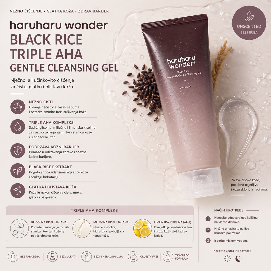 Haruharu Wonder Black Rice Triple AHA Gentle Cleansing Gel sa Triple AHA kompleksom i crnom rižom