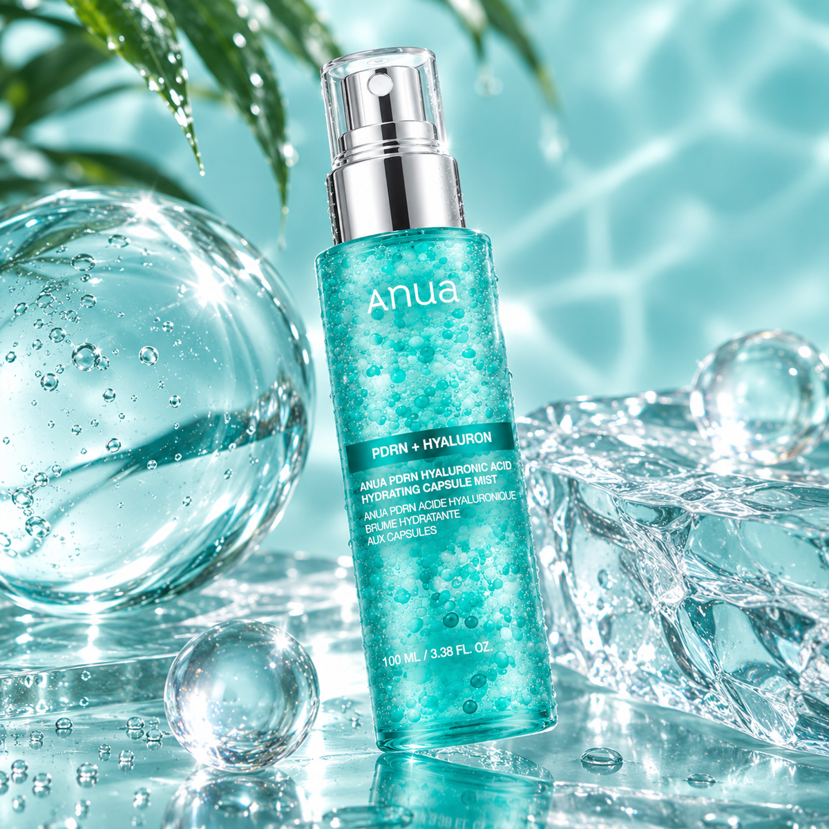 ANUA PDRN Hyaluronic Acid Hydrating Capsule Mist 100 ml – tirkizna bočica hidratantnog spreja okružena kapljicama vode i staklenim kuglama