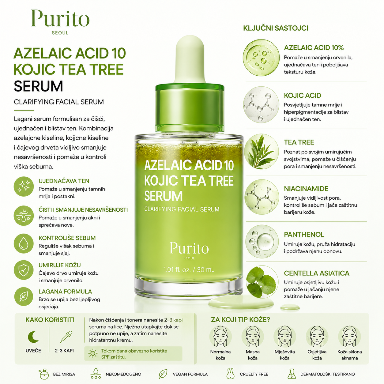 Purito Seoul Azelaic Acid 10 Kojic Tea Tree Serum 30ml benefits and key ingredients