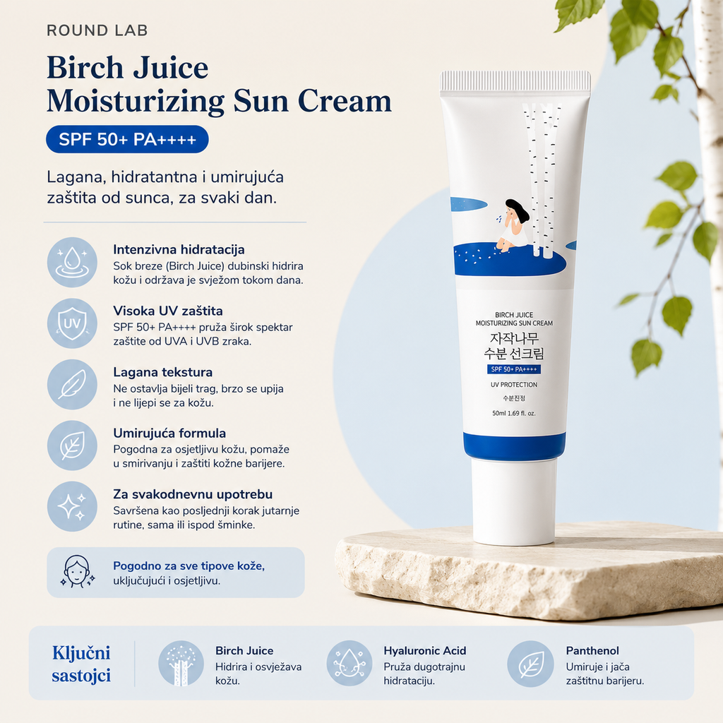 Round Lab Birch Juice Moisturizing Sun Cream SPF50+ PA++++ with Birch Juice, Hyaluronic Acid and Panthenol