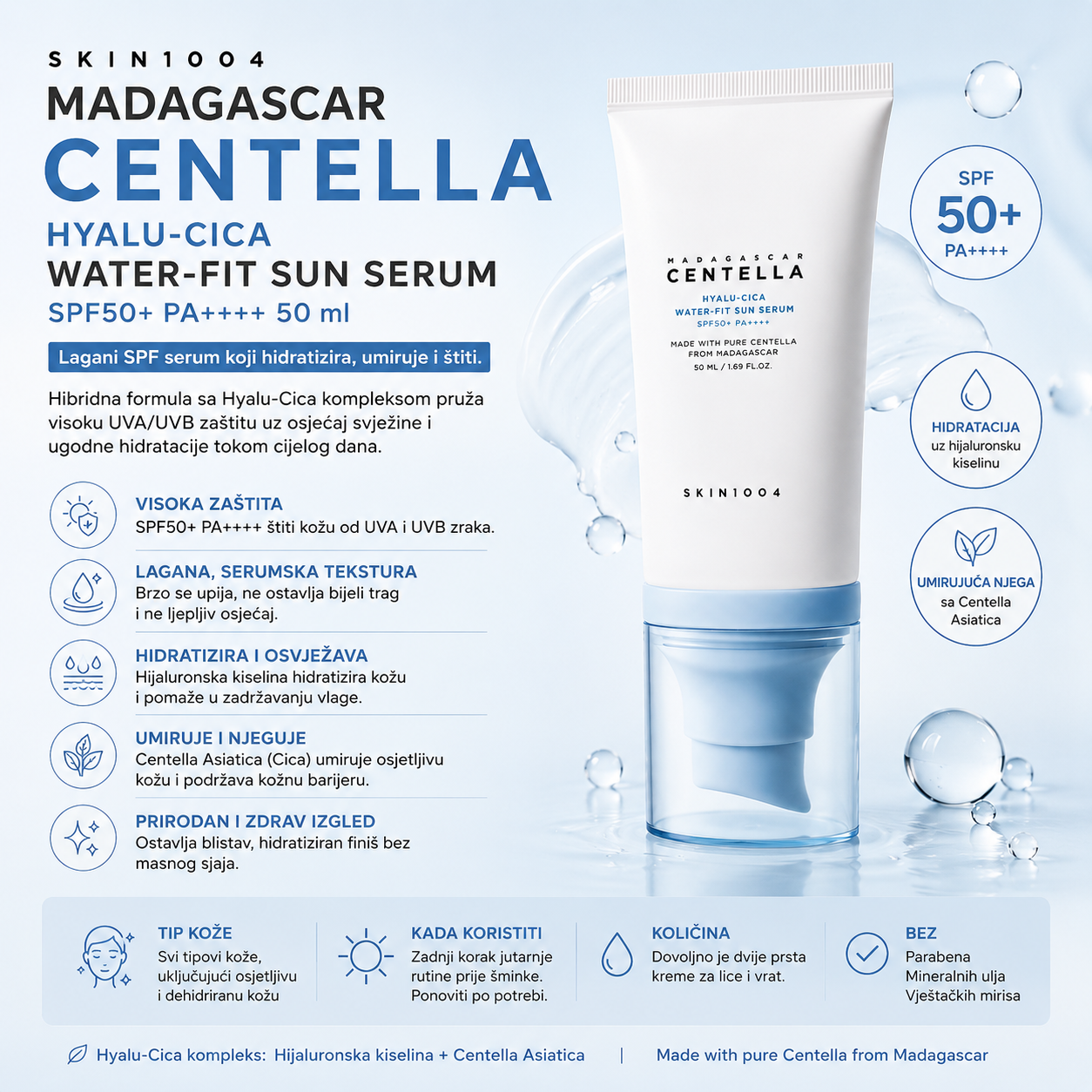 SKIN1004 Hyalu-Cica Water-Fit Sun Serum SPF50+ PA++++ za UVA i UVB zaštitu, hidrataciju i umirujuću njegu kože
