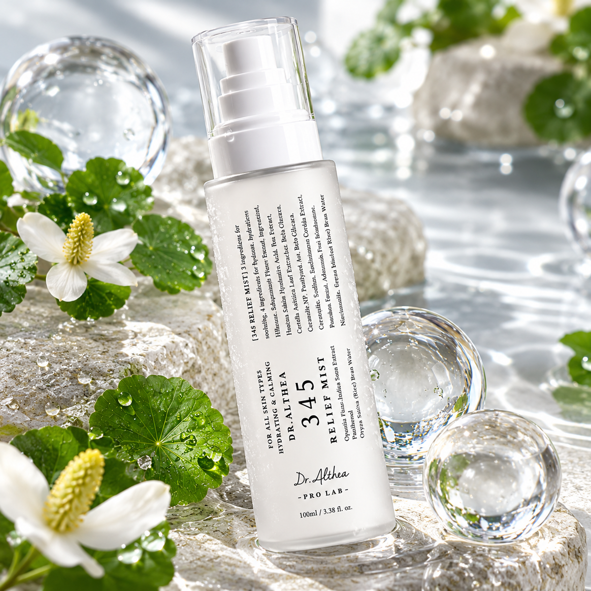 Dr. Althea 345 Relief Mist 100 ml – hidratantni sprej za lice na prirodnom kamenu, okružen kapljicama vode, zelenim listovima i bijelim cvjetovima