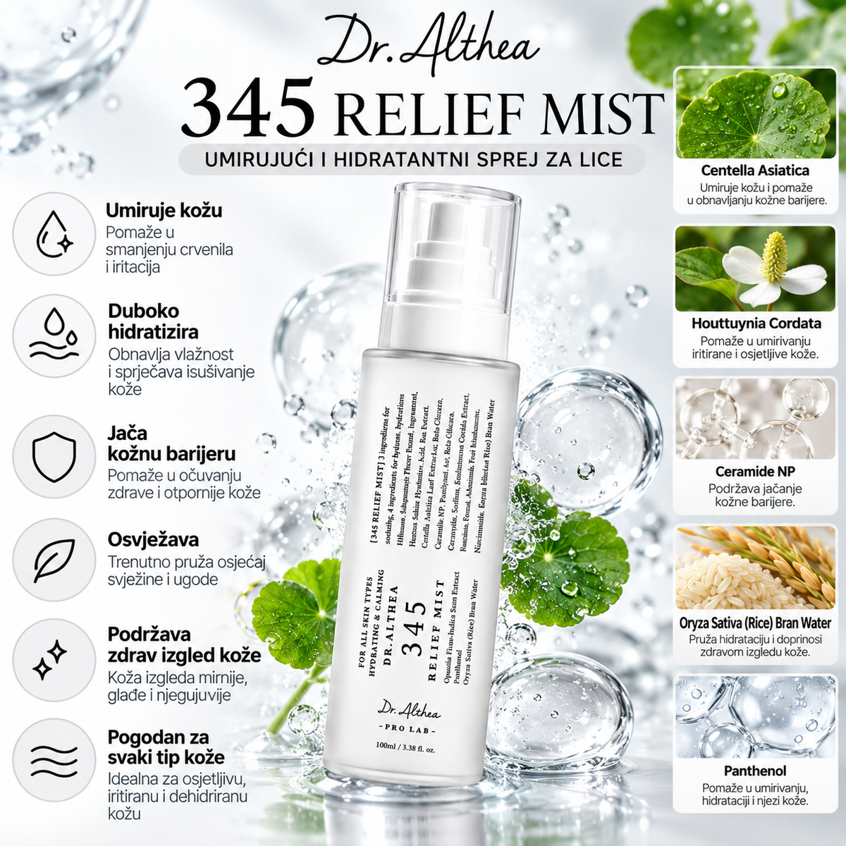 Dr. Althea 345 Relief Mist – infografika sa prednostima hidratacije, umirivanja kože i podrške kožnoj barijeri, uz centelu, ceramide i pantenol