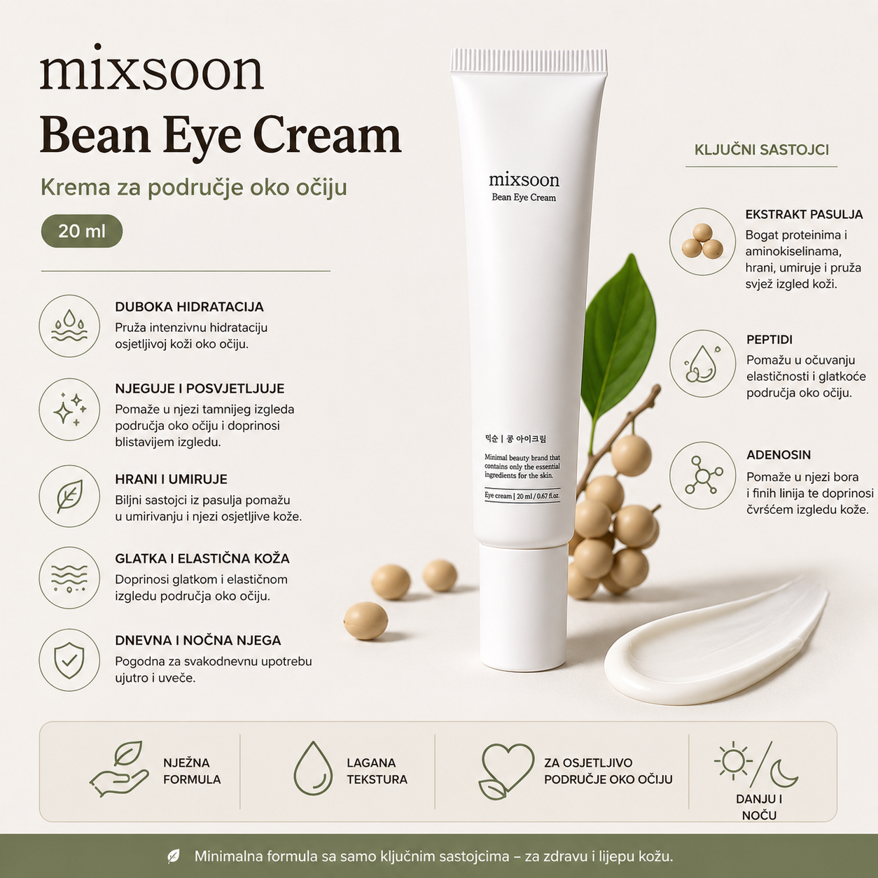 mixsoon Bean Eye Cream 20 ml za hidrataciju, zaglađivanje i njegu elastičnosti područja oko očiju