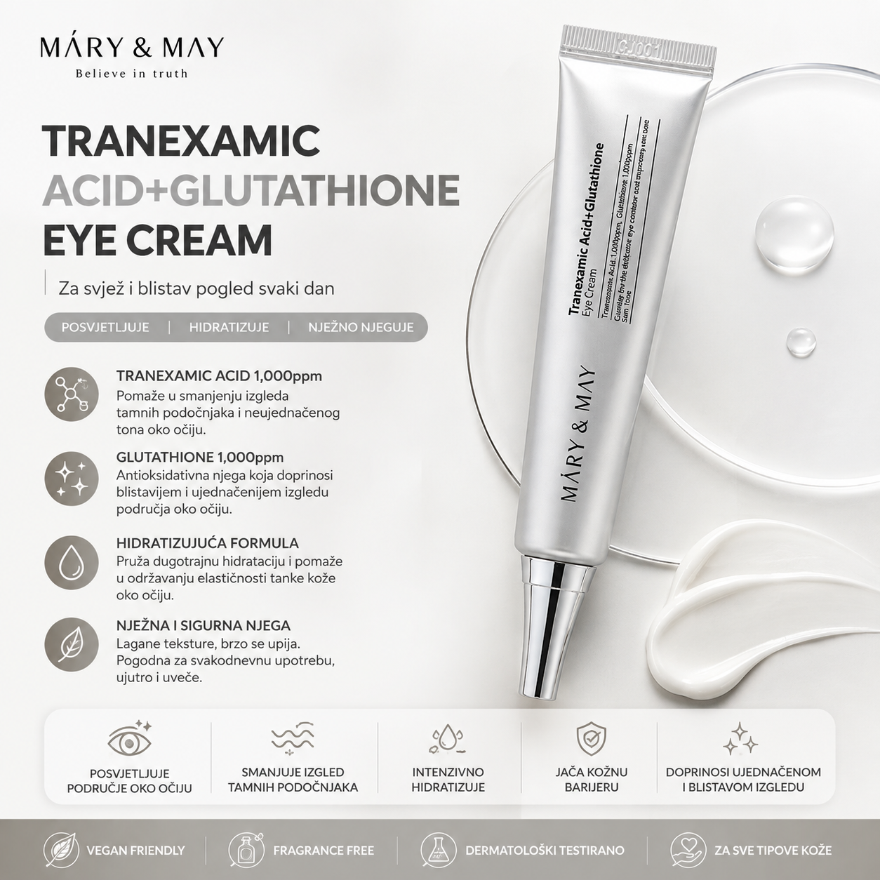 MARY & MAY Eye Cream sa traneksamičnom kiselinom i glutationom za tamne podočnjake, hidrataciju i ujednačeniji ton