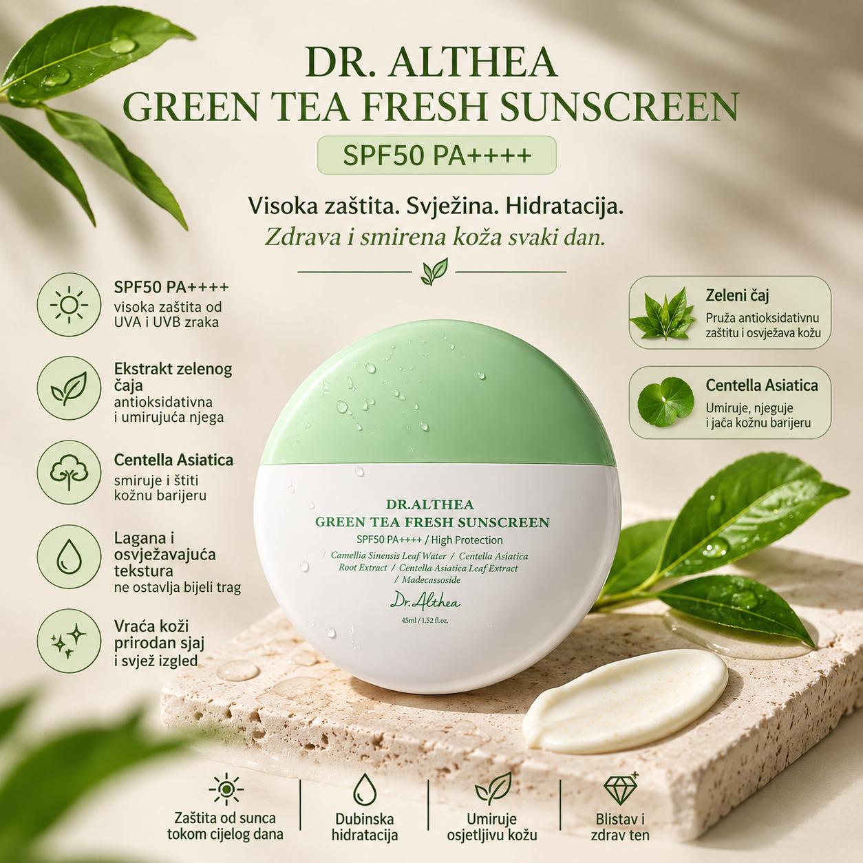 Dr. Althea Green Tea Fresh Sunscreen SPF50 PA++++ za UVA i UVB zaštitu, hidrataciju i umirujuću njegu kože