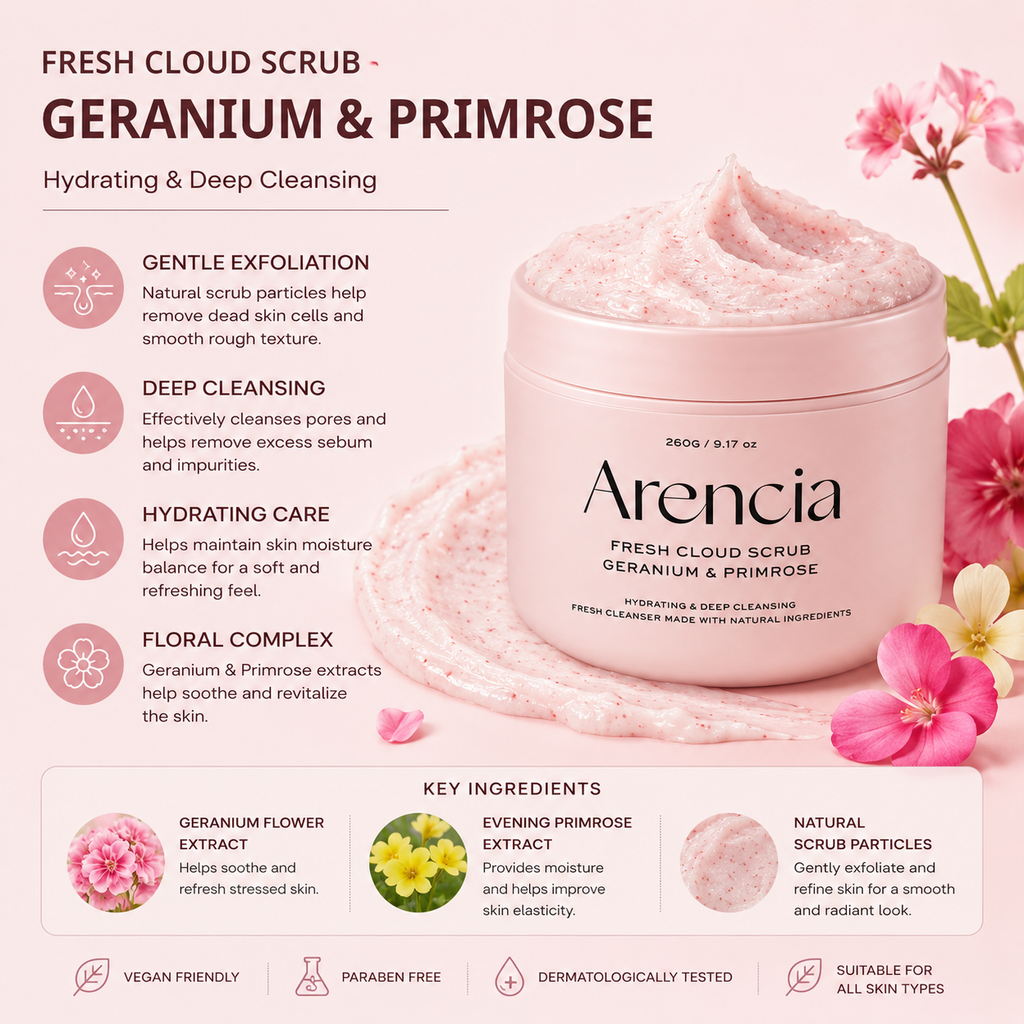 ARENCIA Fresh Cloud Scrub Geranium & Primrose 260g benefits and ingredients infographic