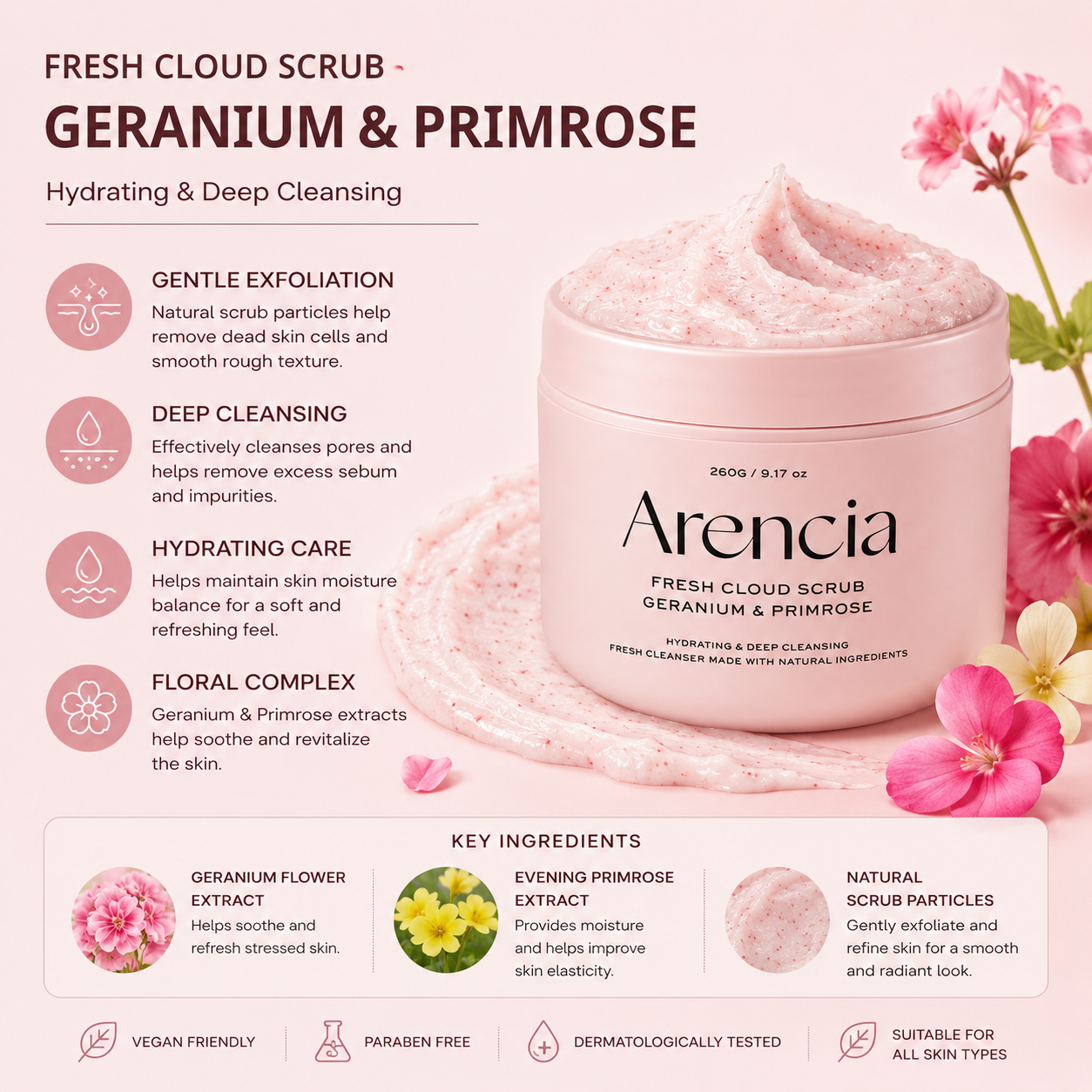 ARENCIA Fresh Cloud Scrub Geranium & Primrose 260g benefits and ingredients infographic
