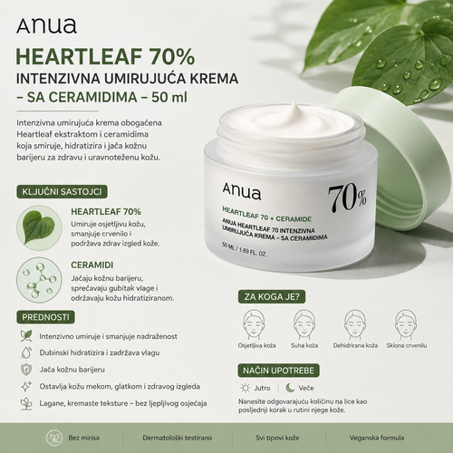 ANUA Heartleaf 70 krema sa Heartleaf ekstraktom i ceramidima za umirivanje, hidrataciju i podršku kožnoj barijeri