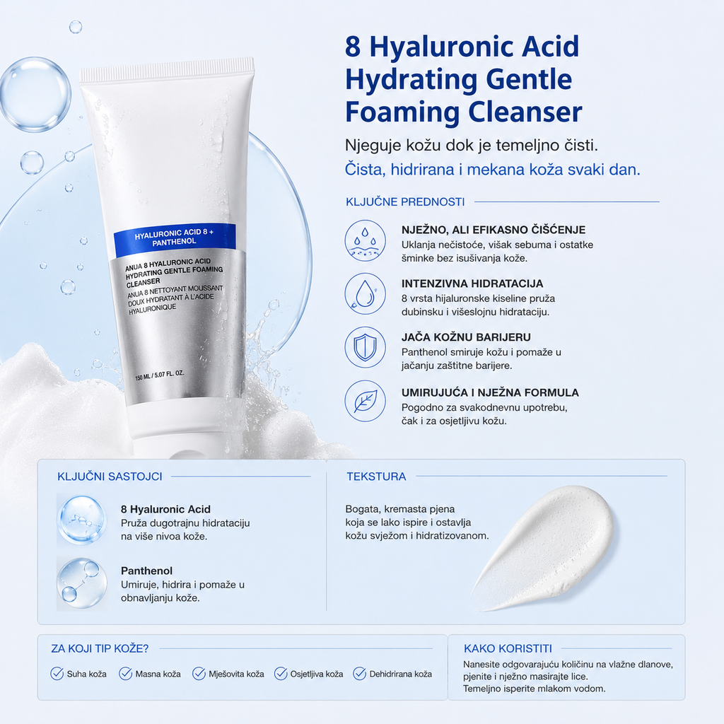 ANUA 8 Hyaluronic Acid Gentle Foaming Cleanser sa hijaluronskom kiselinom i pantenolom za hidrataciju kože