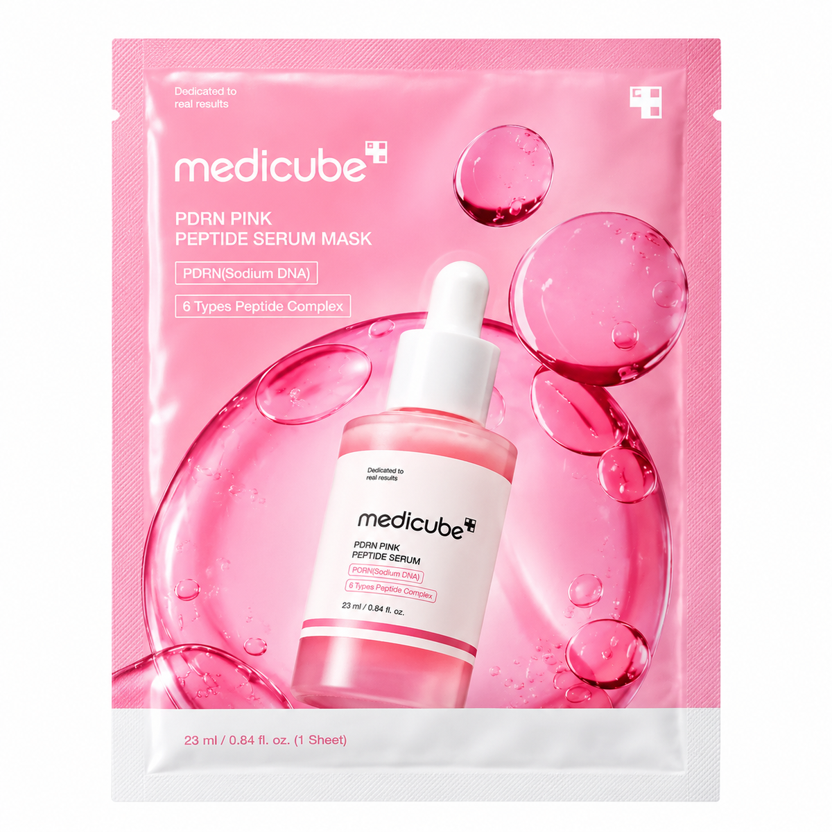 MEDICUBE PDRN Pink Peptide Serum Mask 23 ml – korejska hidratantna maska za lice sa PDRN-om i peptidima u roze pakovanju na bijeloj pozadini