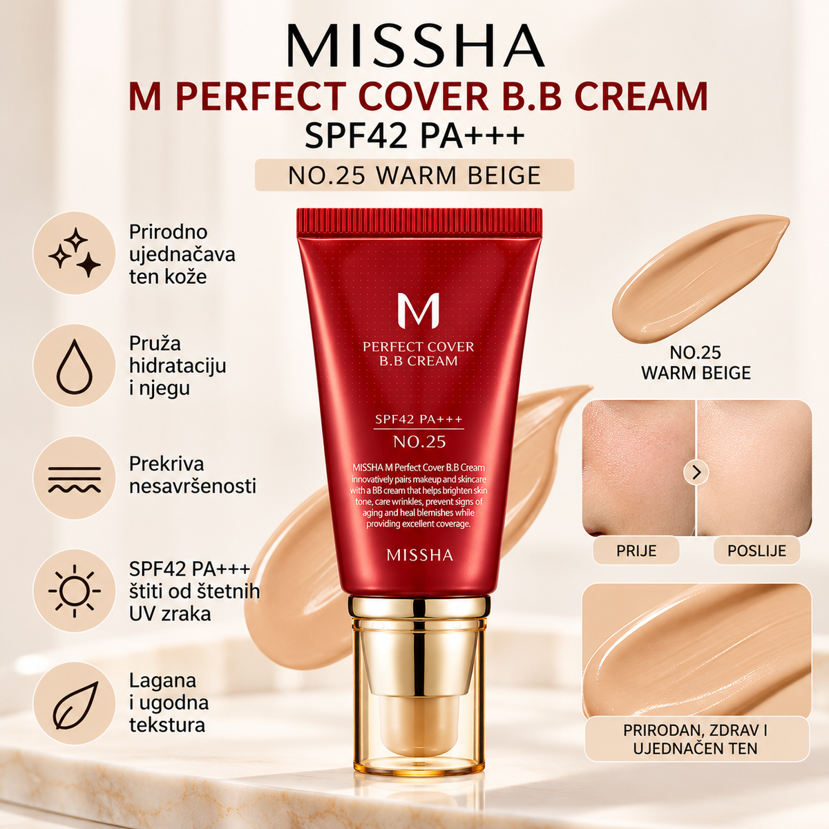 MISSHA M Perfect Cover BB Cream No.25 – prirodno ujednačavanje tena, prekrivanje nepravilnosti, hidratacija i SPF42 PA+++ zaštita