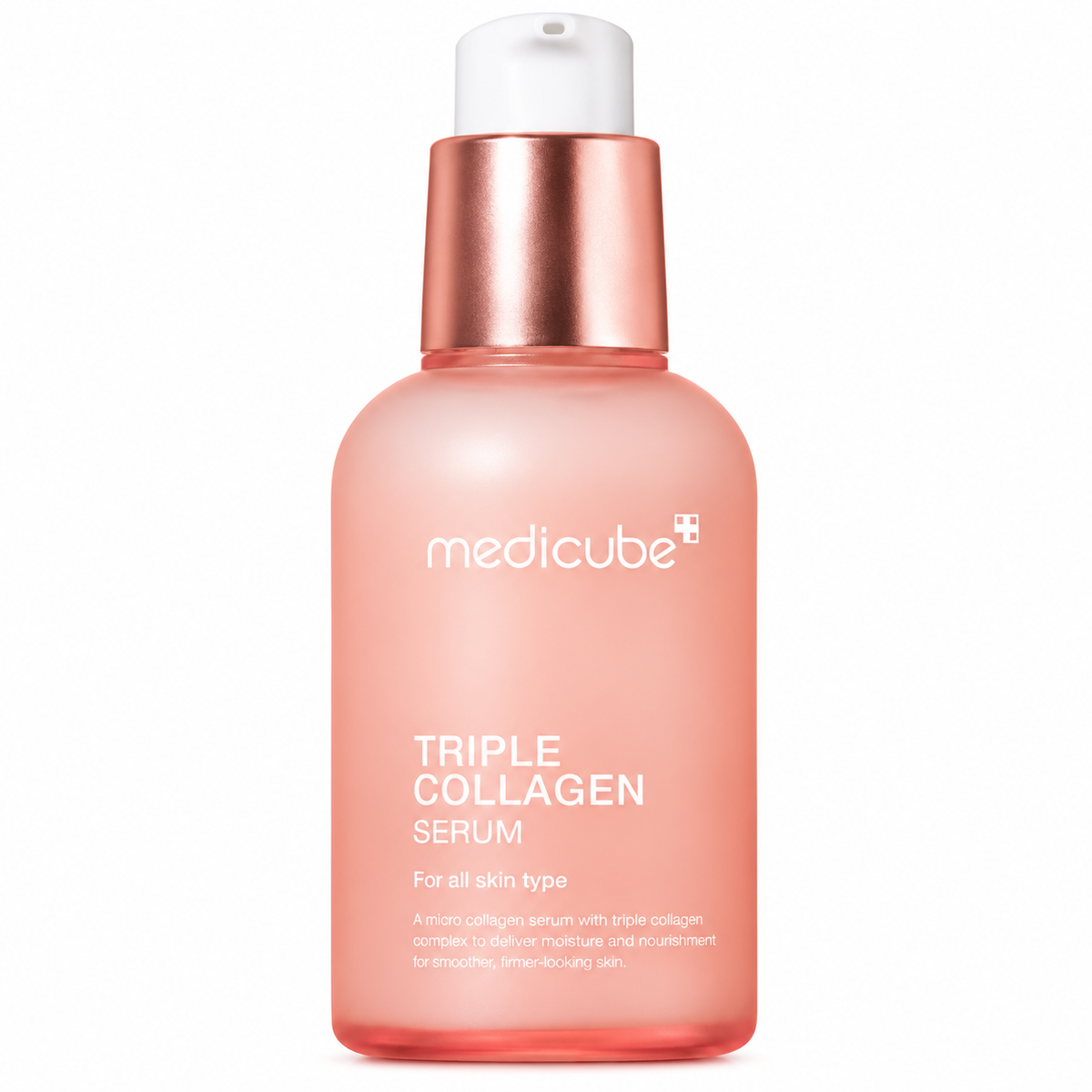 MEDICUBE Triple Collagen Serum 4.0 55 ml – korejski hidratantni serum za lice sa kolagenom u roze bočici na čistoj bijeloj pozadini