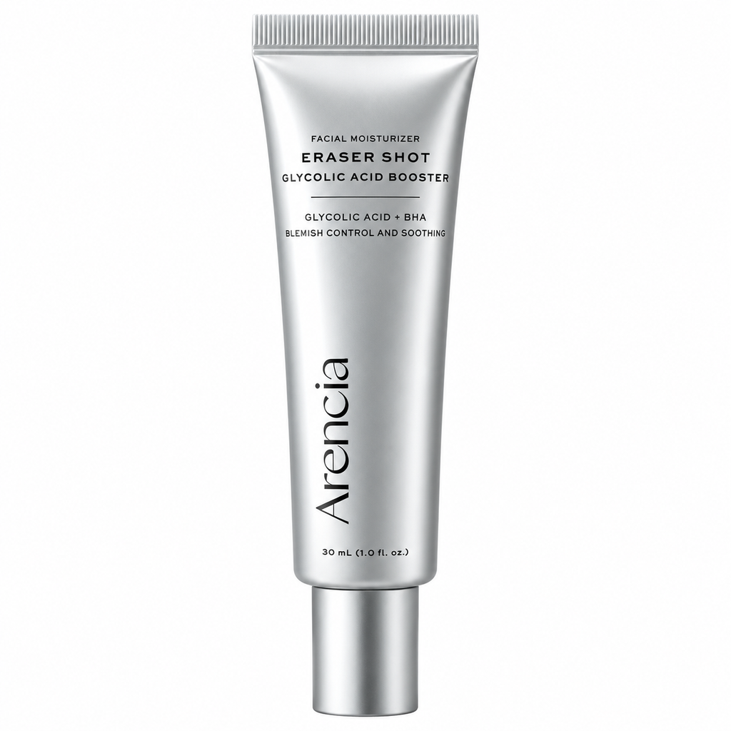 ARENCIA Eraser Shot Glycolic Acid Booster 30 ml – korejska krema za lice sa AHA i BHA kiselinama u srebrnoj tubi na bijeloj pozadini