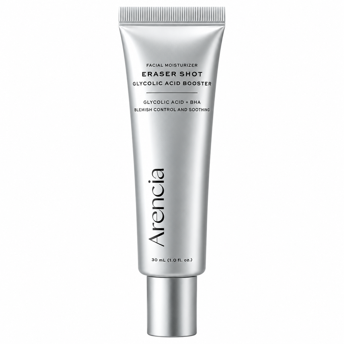 ARENCIA Eraser Shot Glycolic Acid Booster 30 ml – korejska krema za lice sa AHA i BHA kiselinama u srebrnoj tubi na bijeloj pozadini