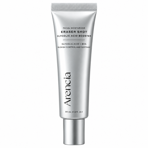 ARENCIA Eraser Shot Glycolic Acid Booster 30 ml – korejska krema za lice sa AHA i BHA kiselinama u srebrnoj tubi na bijeloj pozadini