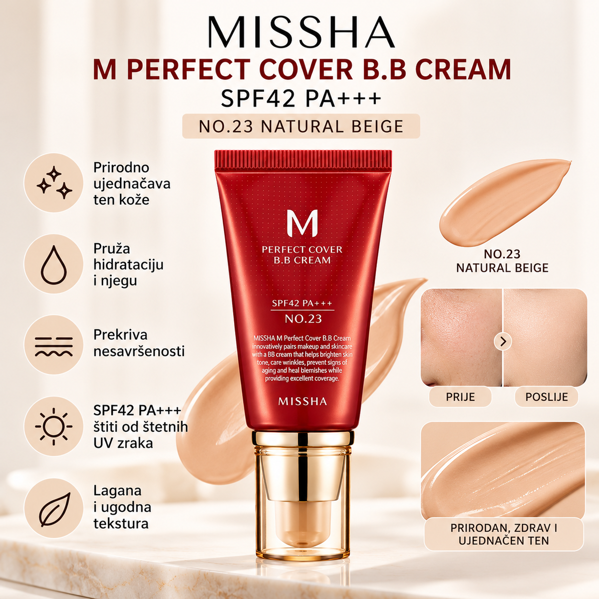 MISSHA M Perfect Cover BB Cream No.23 – srednja do visoka pokrivna moć, hidratacija, prirodan izgled tena i SPF42 PA+++ zaštita