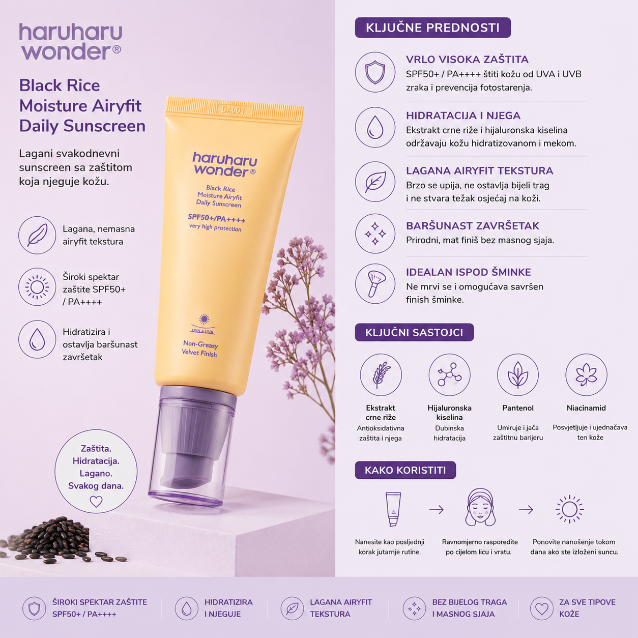 Haruharu Wonder Black Rice Moisture Airyfit Daily Sunscreen with black rice and hyaluronic acid