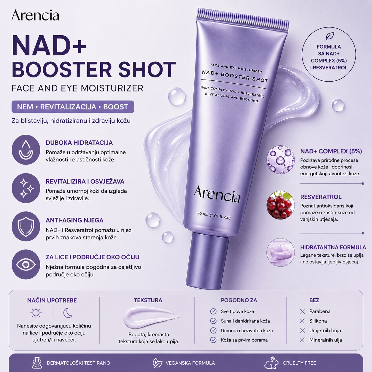 Arencia NAD+ Booster Shot za hidrataciju, revitalizaciju i njegu prvih znakova starenja kože