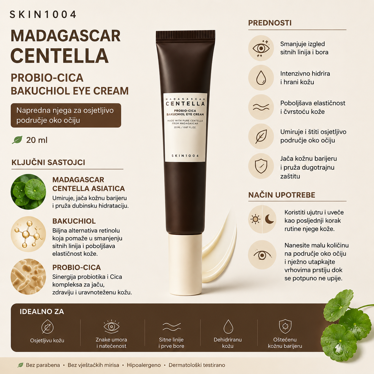 SKIN1004 Probio-Cica Bakuchiol Eye Cream sa bakuchiolom i Centella Asiatica za hidrataciju, elastičnost i njegu finih linija