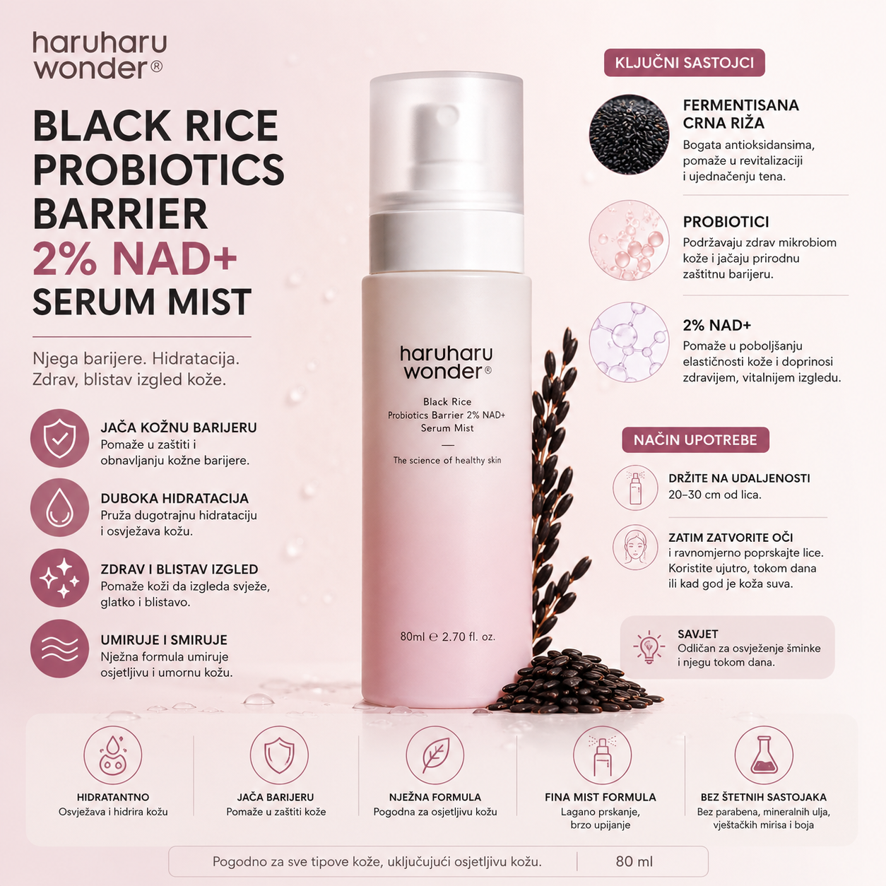 Haruharu Wonder Black Rice Probiotics Barrier 2% NAD+ Serum Mist za hidrataciju i njegu kožne barijere