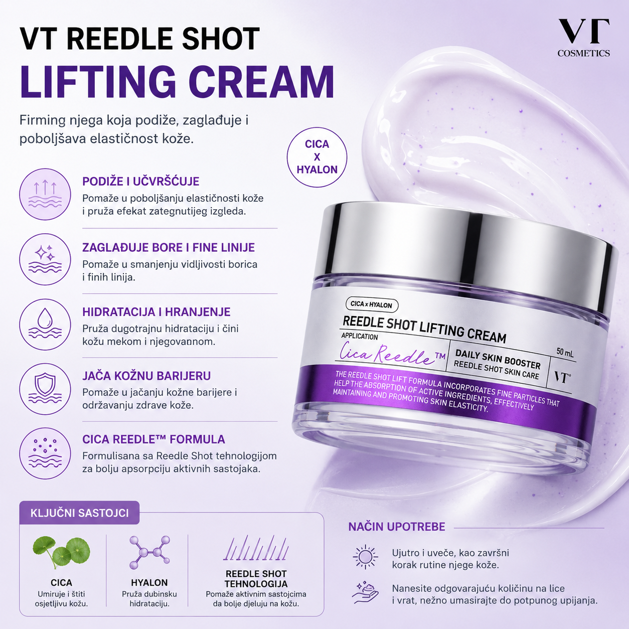 VT Reedle Shot Lifting Cream sa Cica Reedle tehnologijom za čvrstoću, elastičnost, hidrataciju i glatkoću kože