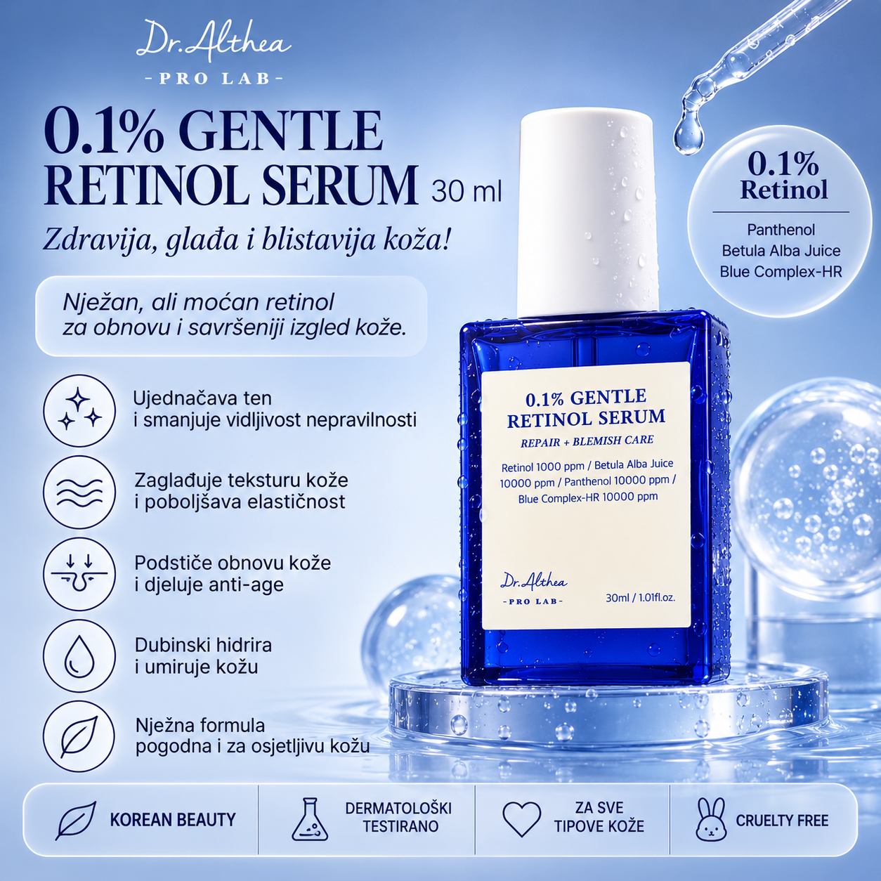 Dr. Althea 0.1% Gentle Retinol Serum sa retinolom, pantenolom i Betula Alba Juice za njegu teksture kože