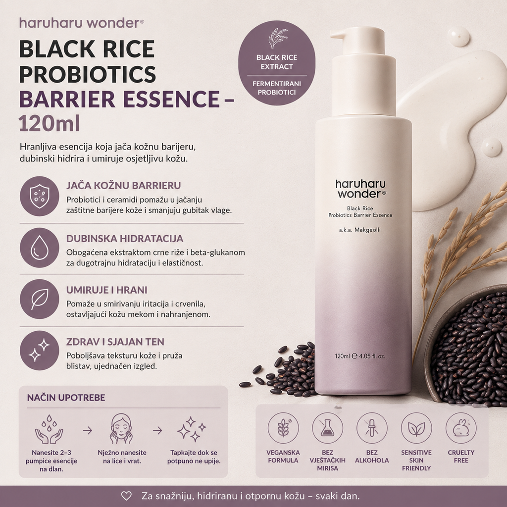 Haruharu Wonder Black Rice Probiotics Barrier Essence za hidrataciju, umirivanje i podršku kožnoj barijeri