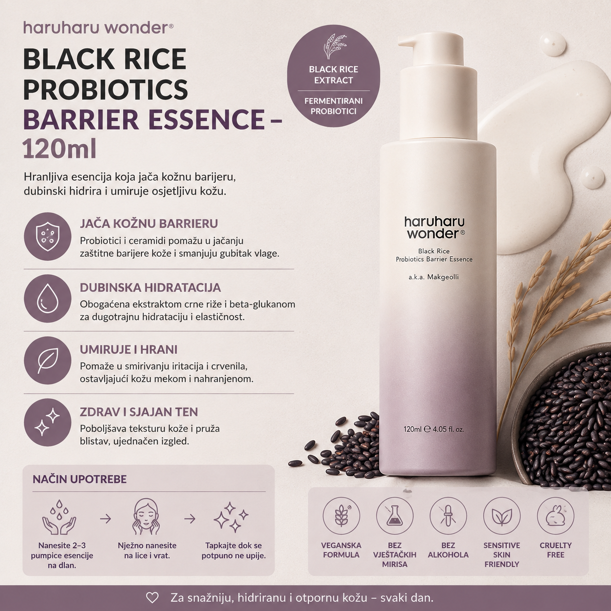 Haruharu Wonder Black Rice Probiotics Barrier Essence za hidrataciju, umirivanje i podršku kožnoj barijeri