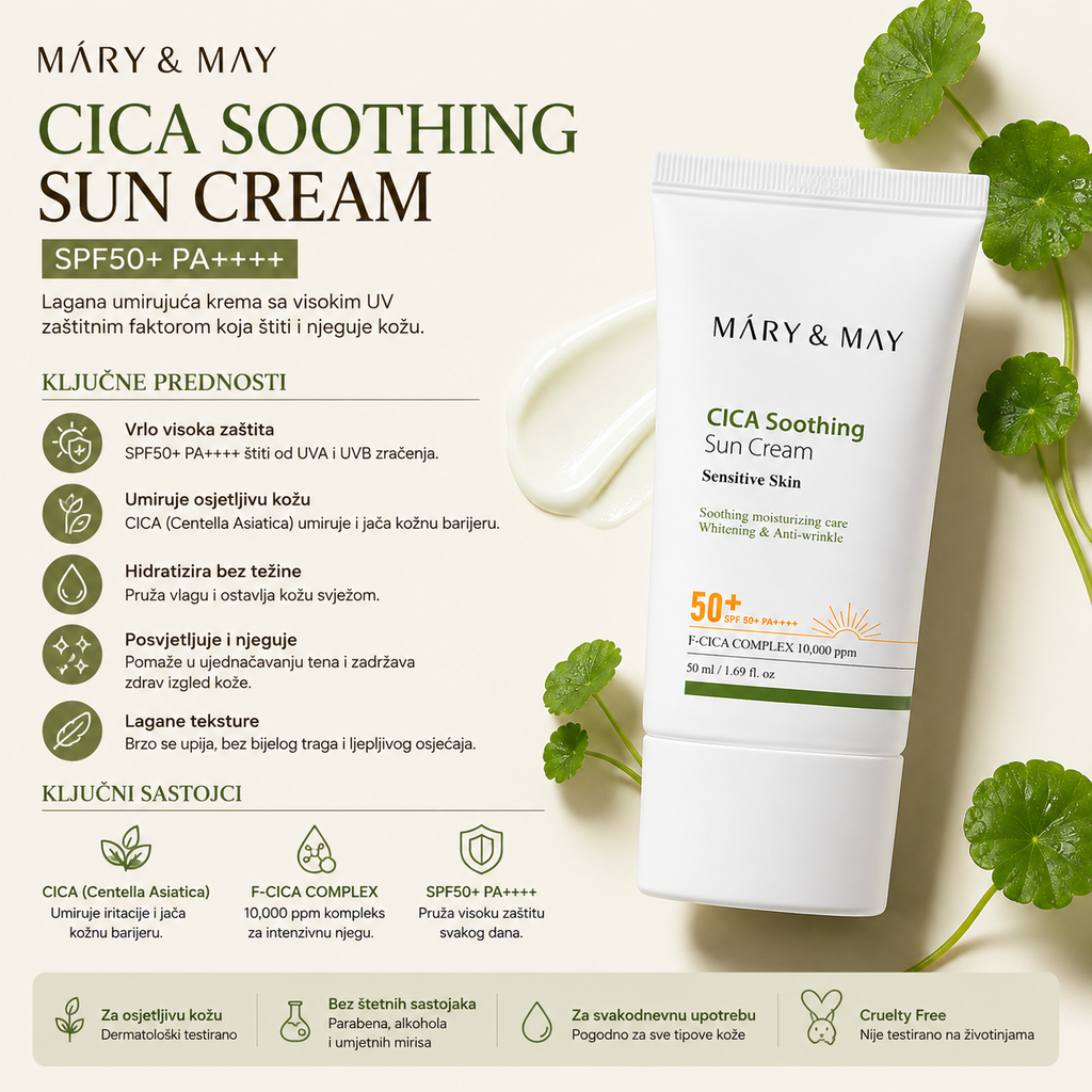 MARY & MAY Cica Soothing Sun Cream SPF50+ PA++++ za UV zaštitu, hidrataciju i umirujuću njegu kože