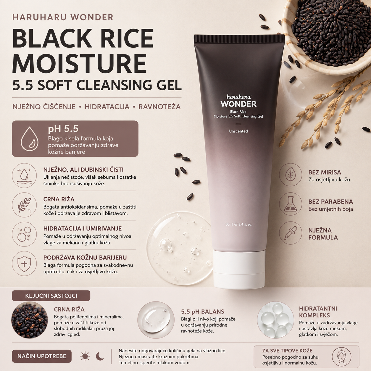 Haruharu Wonder Black Rice Moisture 5.5 Soft Cleansing Gel sa crnom rižom i pH vrijednošću 5.5