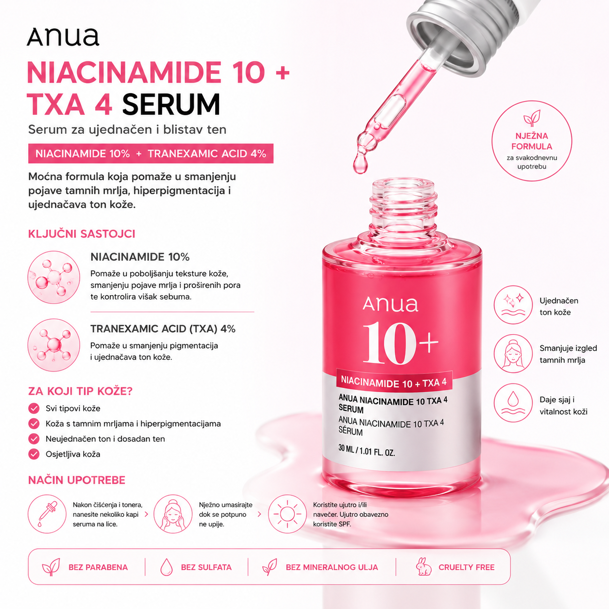 ANUA Niacinamide 10 + TXA 4 Serum sa 10% niacinamida i 4% traneksamične kiseline za ujednačeniji izgled tena