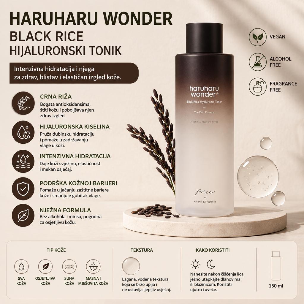 Haruharu Wonder Black Rice Hyaluronic Toner sa crnom rižom i hijaluronskom kiselinom za intenzivnu hidrataciju