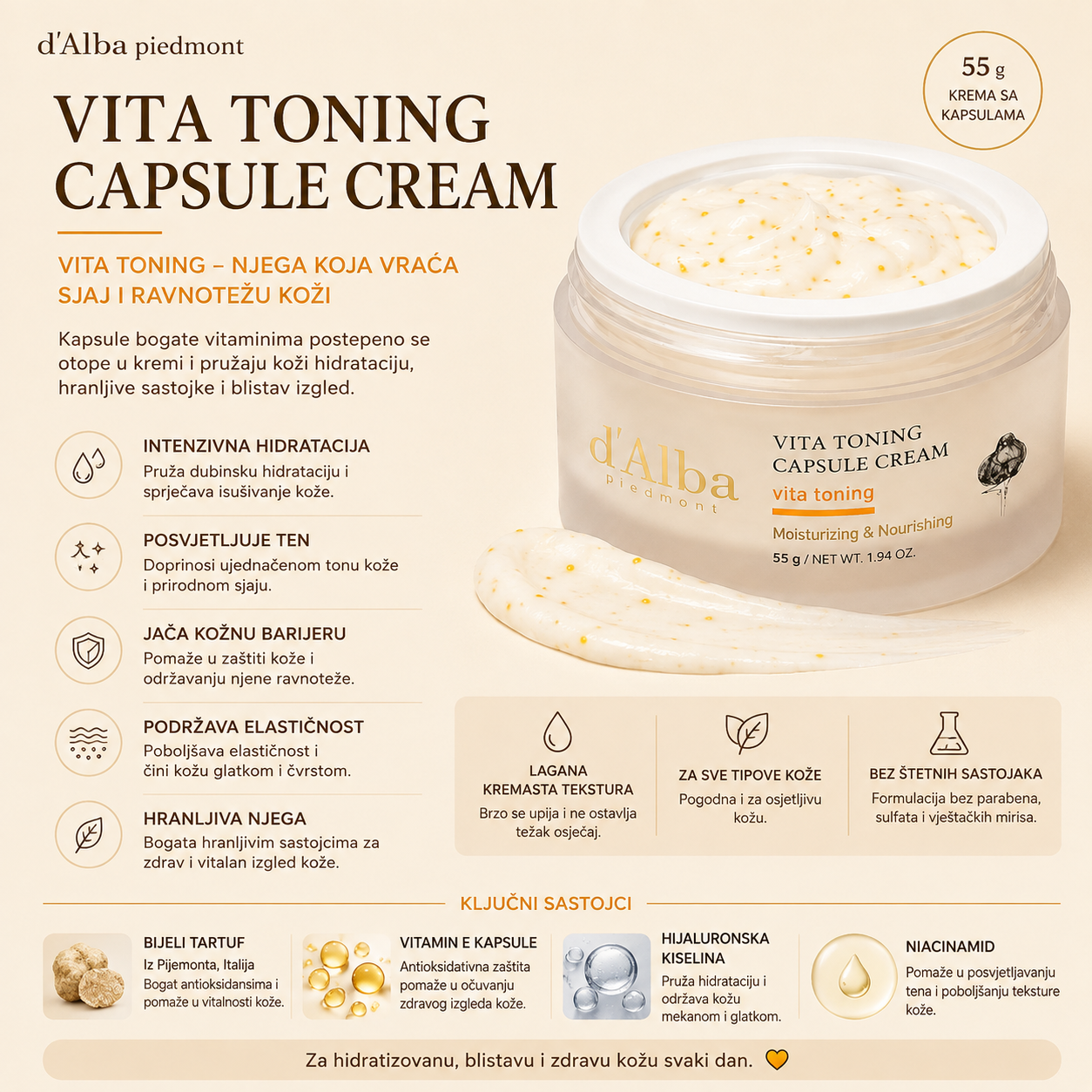 d’Alba Vita Toning Capsule Cream za hidrataciju, hranljivu njegu i blistaviji izgled kože