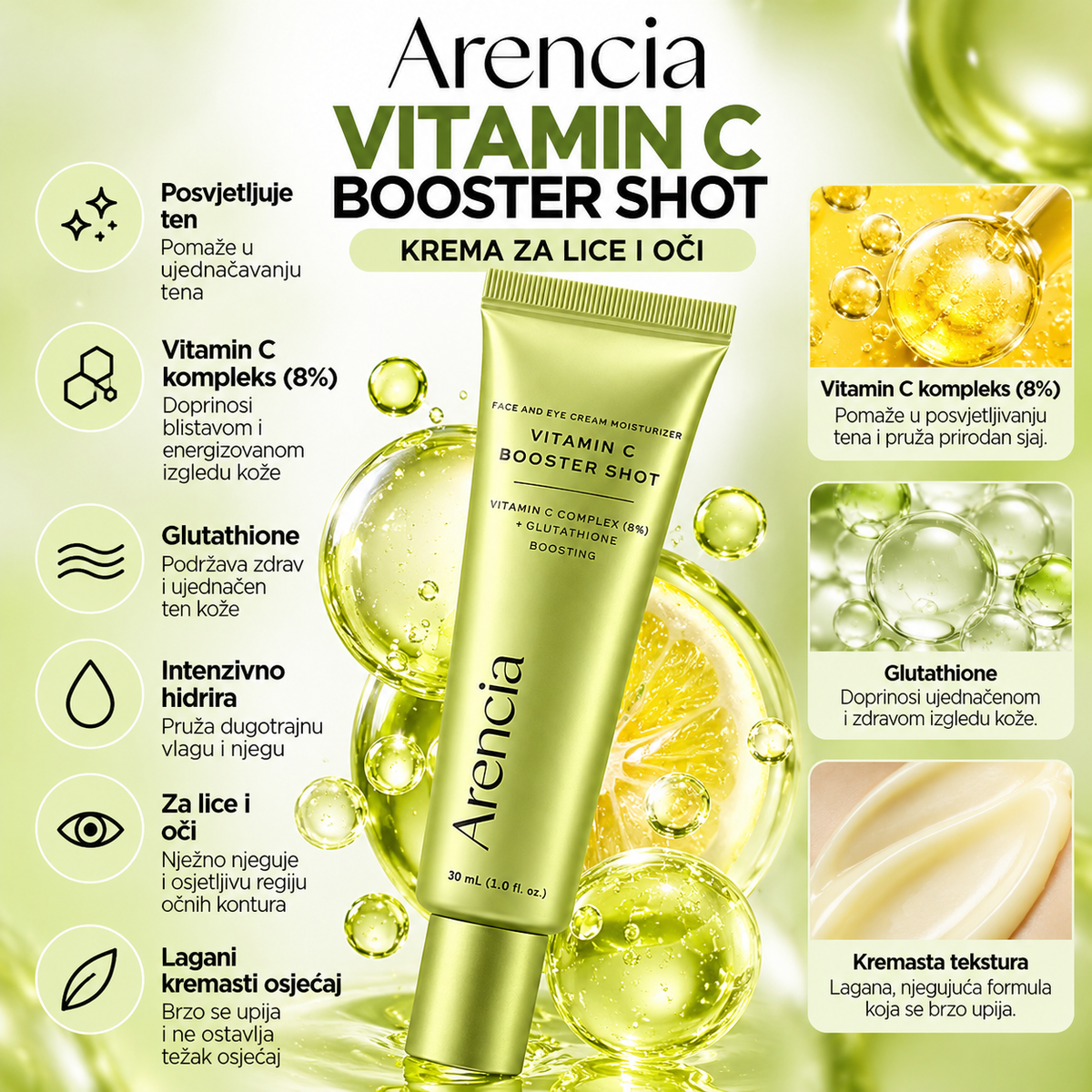ARENCIA Vitamin C Booster Shot – prikaz prednosti kreme sa vitaminom C i glutationom za ujednačavanje tena, hidrataciju i blistav izgled kože lica