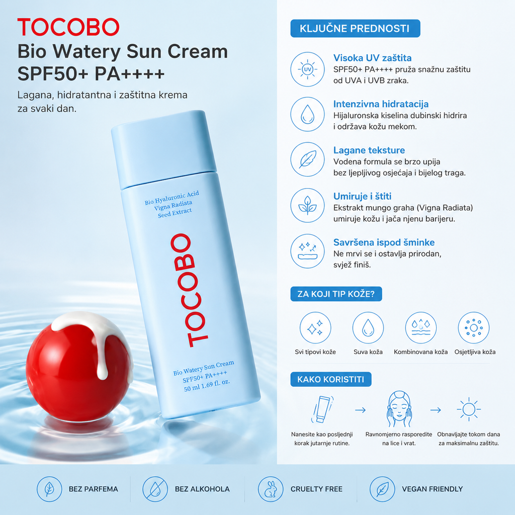 TOCOBO Bio Watery Sun Cream SPF50+ with hyaluronic acid and Vigna Radiata extract