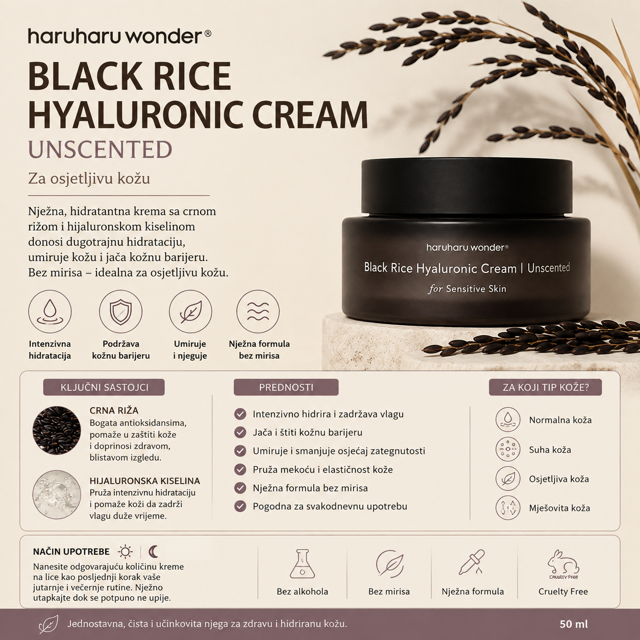 Haruharu Wonder Black Rice Hyaluronic Cream sa crnom rižom i hijaluronskom kiselinom za intenzivnu hidrataciju