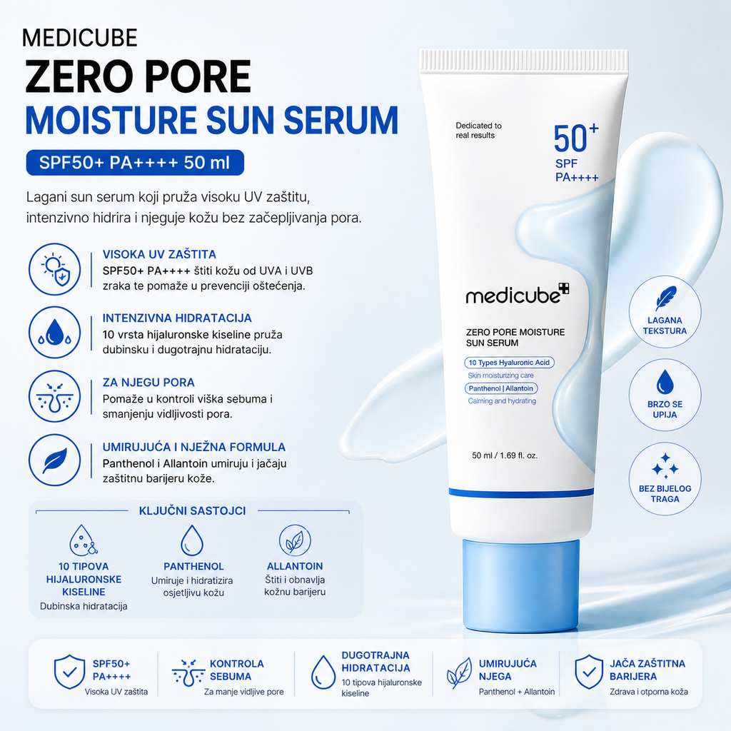 Medicube Zero Pore Moisture Sun Serum SPF50+ PA++++ za UV zaštitu, hidrataciju i umirujuću njegu kože