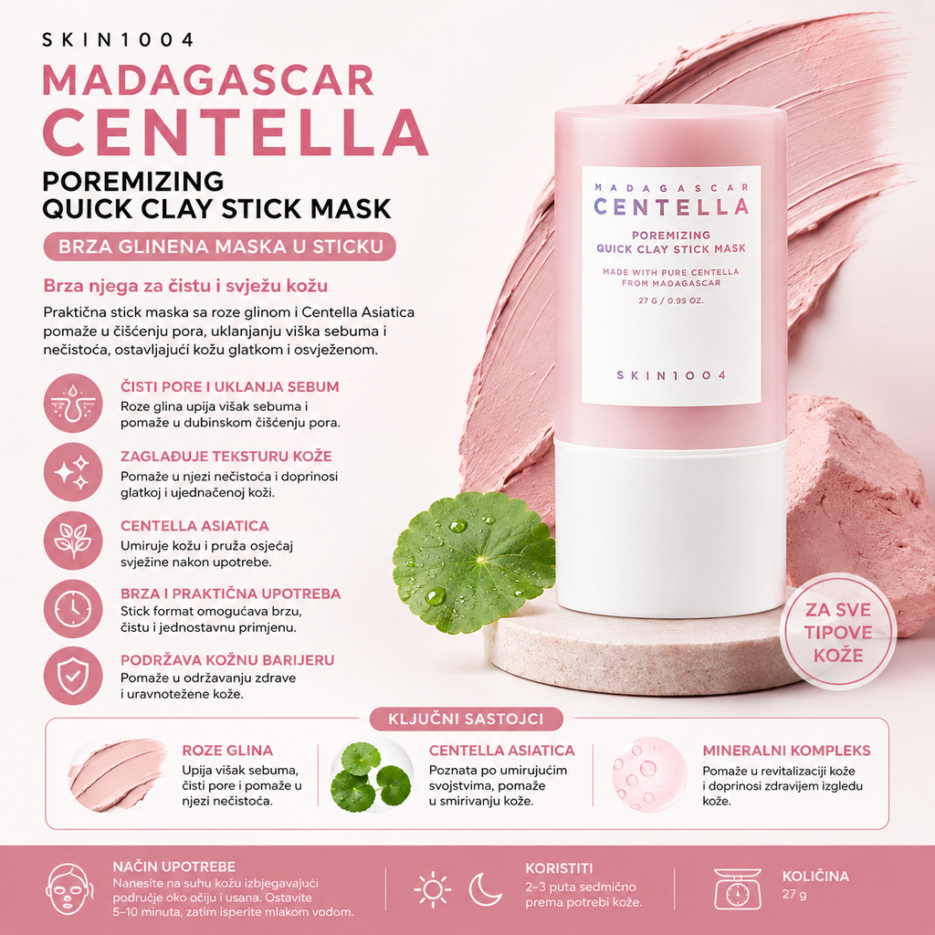 SKIN1004 Poremizing Quick Clay Stick Mask sa Centella Asiatica za čišćenje pora, uklanjanje viška sebuma i njegu kože