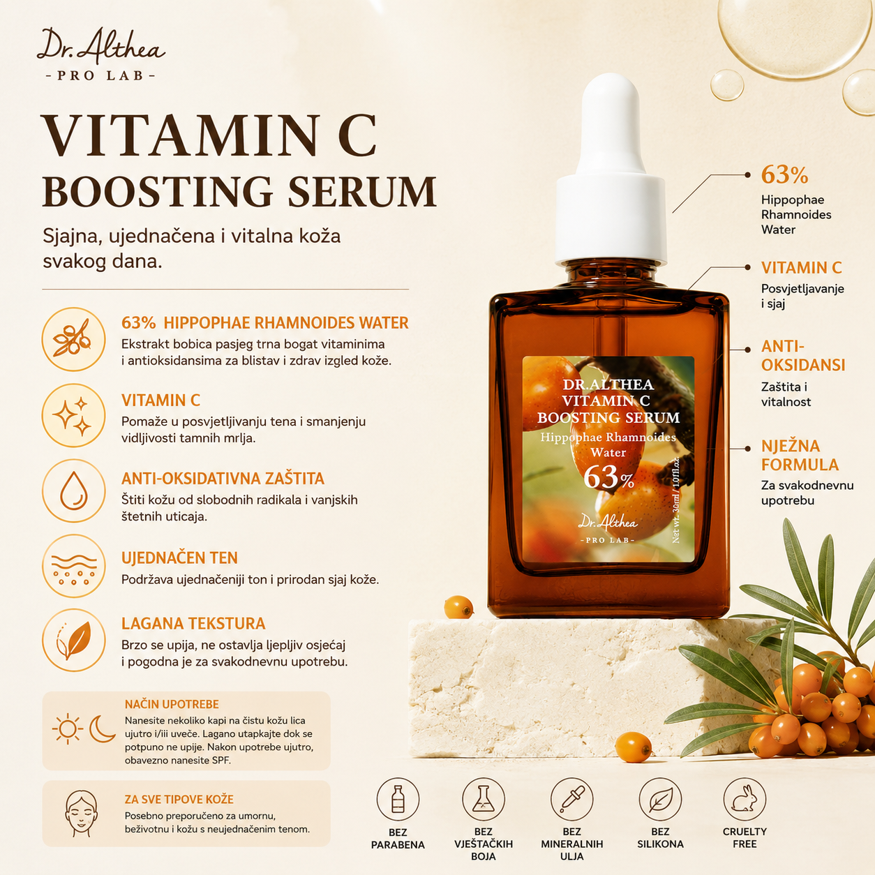 Dr. Althea Vitamin C Boosting Serum sa 63% Hippophae Rhamnoides Water za antioksidativnu i hidratantnu njegu kože